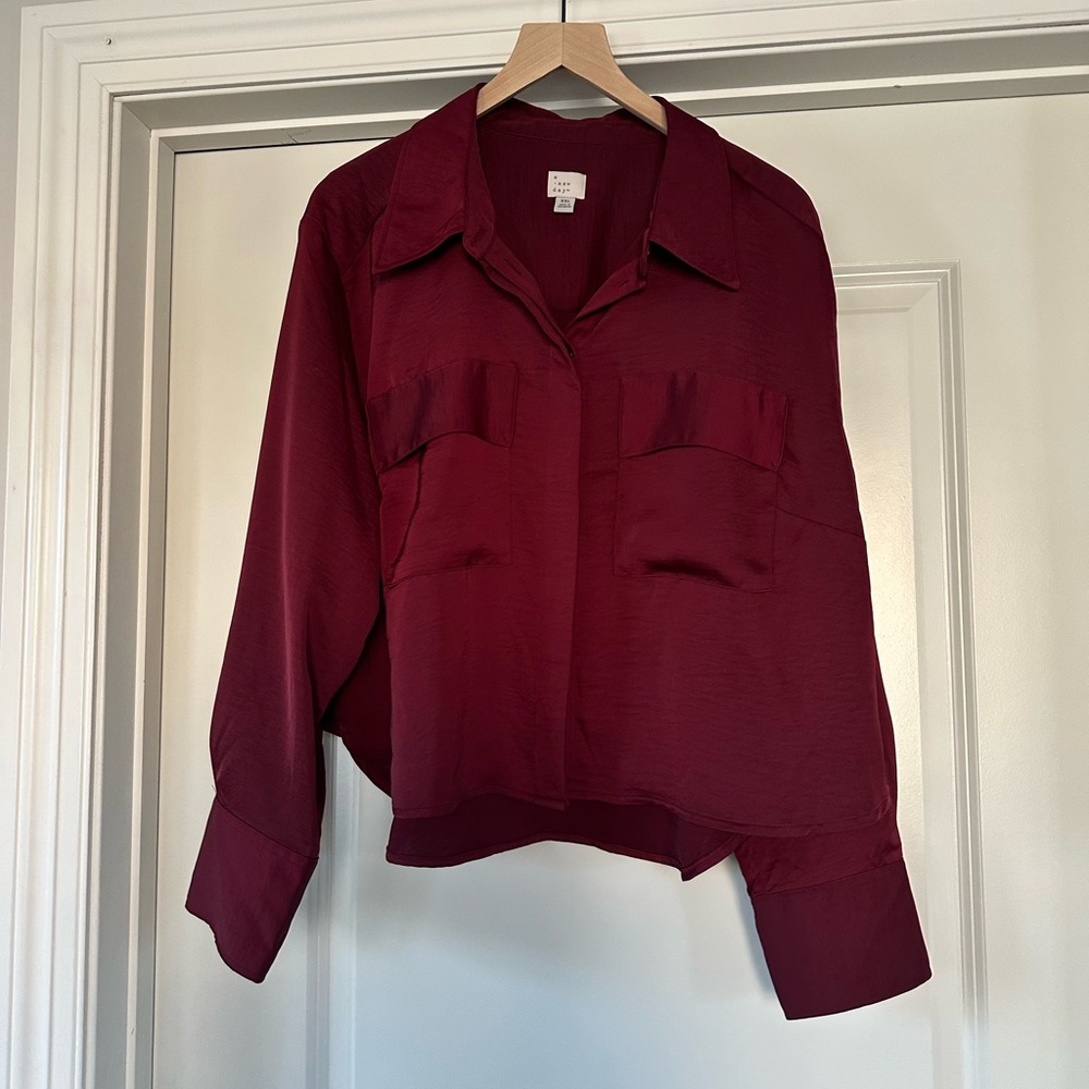 a new day | Berry Pink Satin Boxy Cropped Button Down Blouse - XXL
